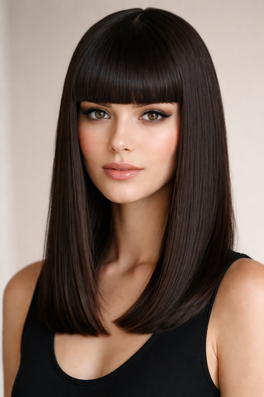 15 Awkward In Between Length Haircuts That Work 12 Sleek mid-length hair with geometric blunt bangs.