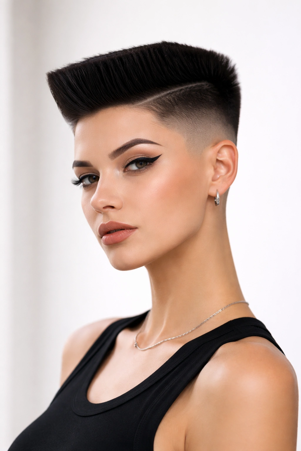 Portrait of a model with a geometric block top and precise side fade