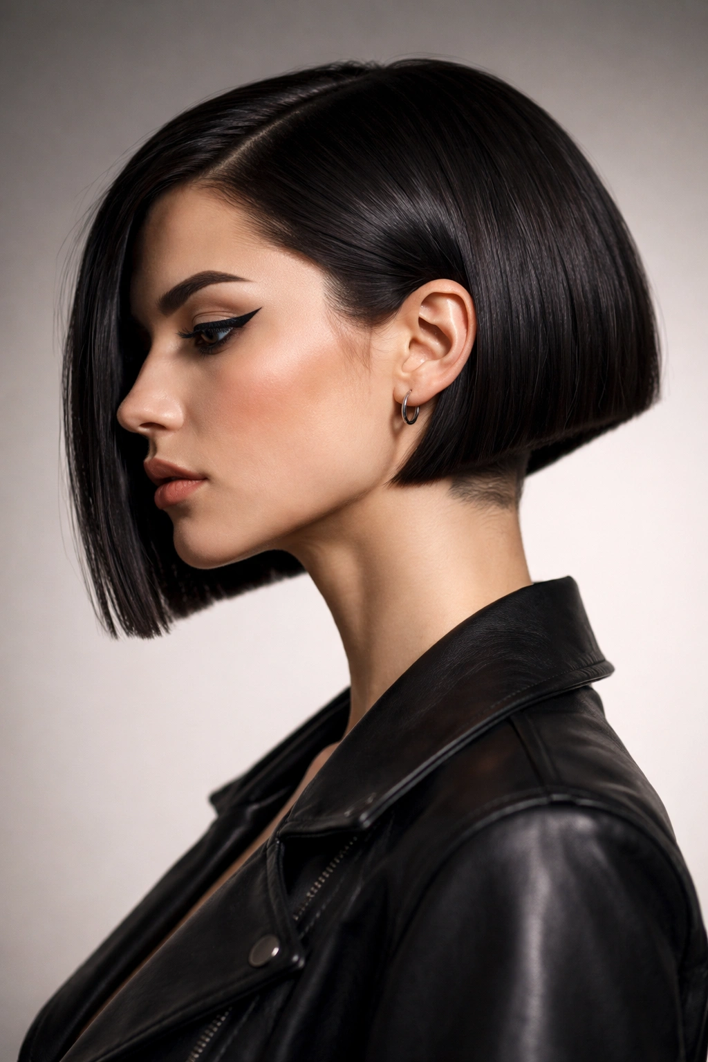 10 Funky Short Haircuts For Women Who Love Edge 6 Head-on portrait of a model with a geometric blunt bob featuring sharp angles and an undercut.