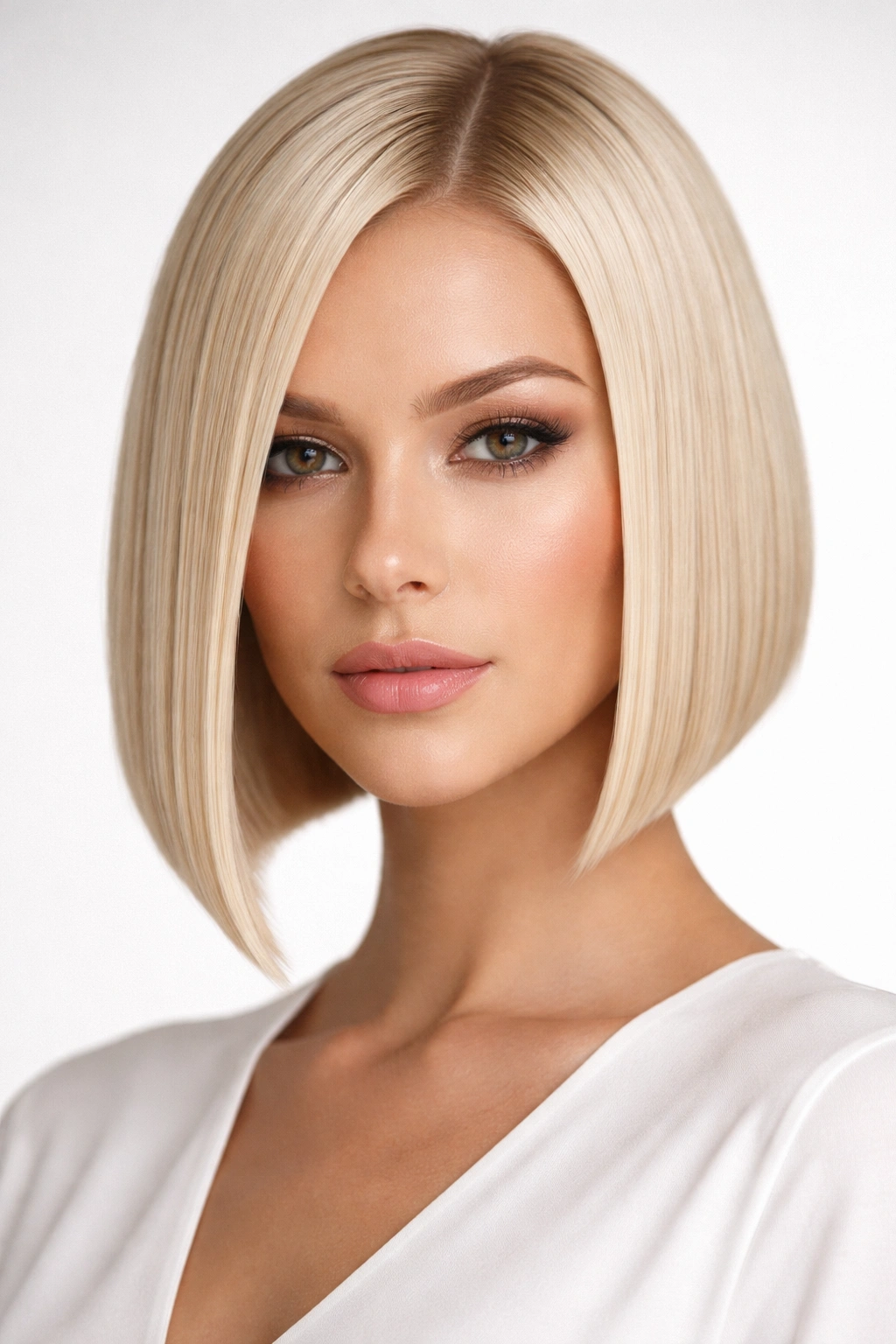 Frontal close-up of straight blonde geometric bob with sharp lines
