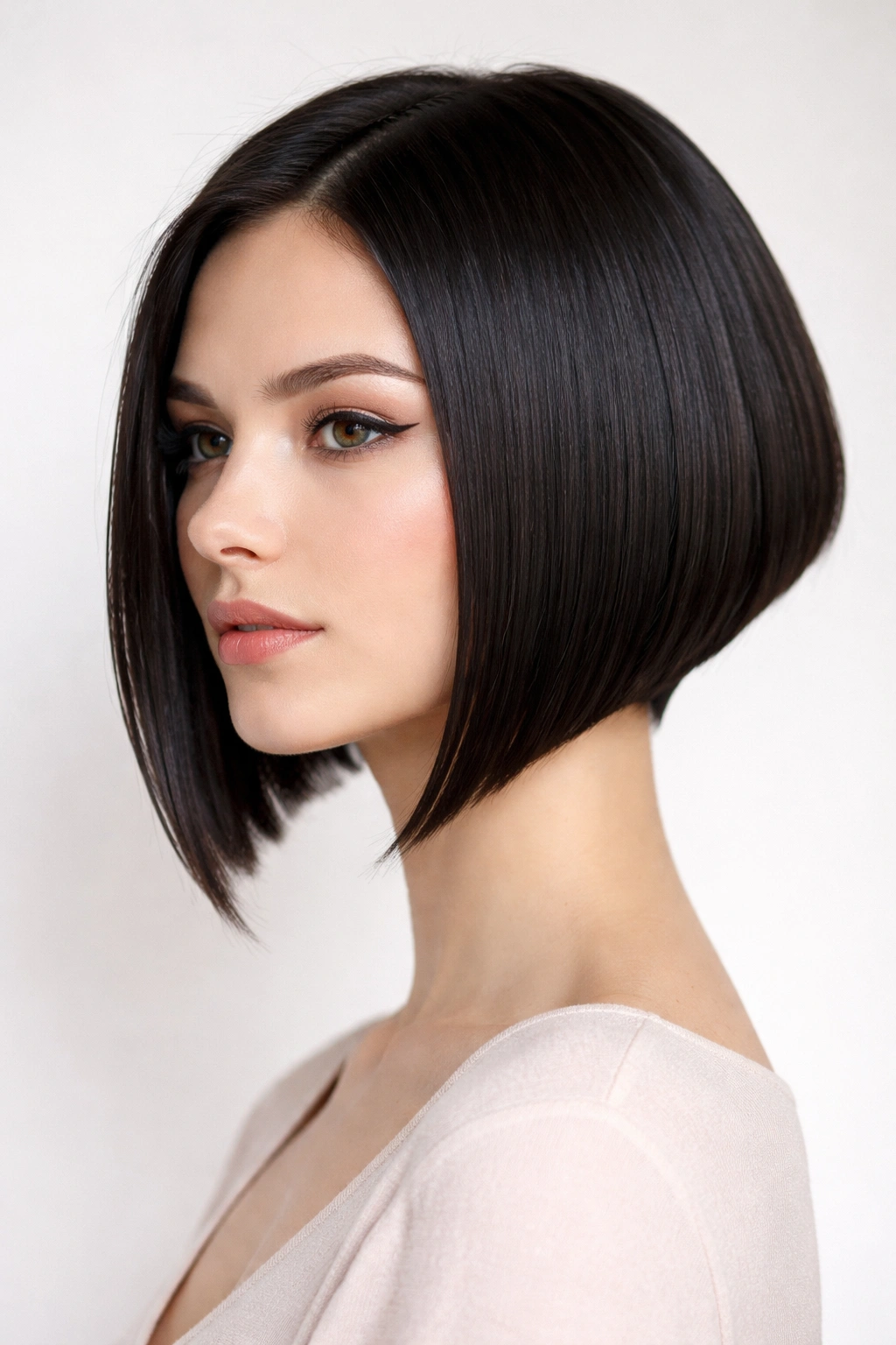 Geometric bob with long front and short back on a diamond-shaped face