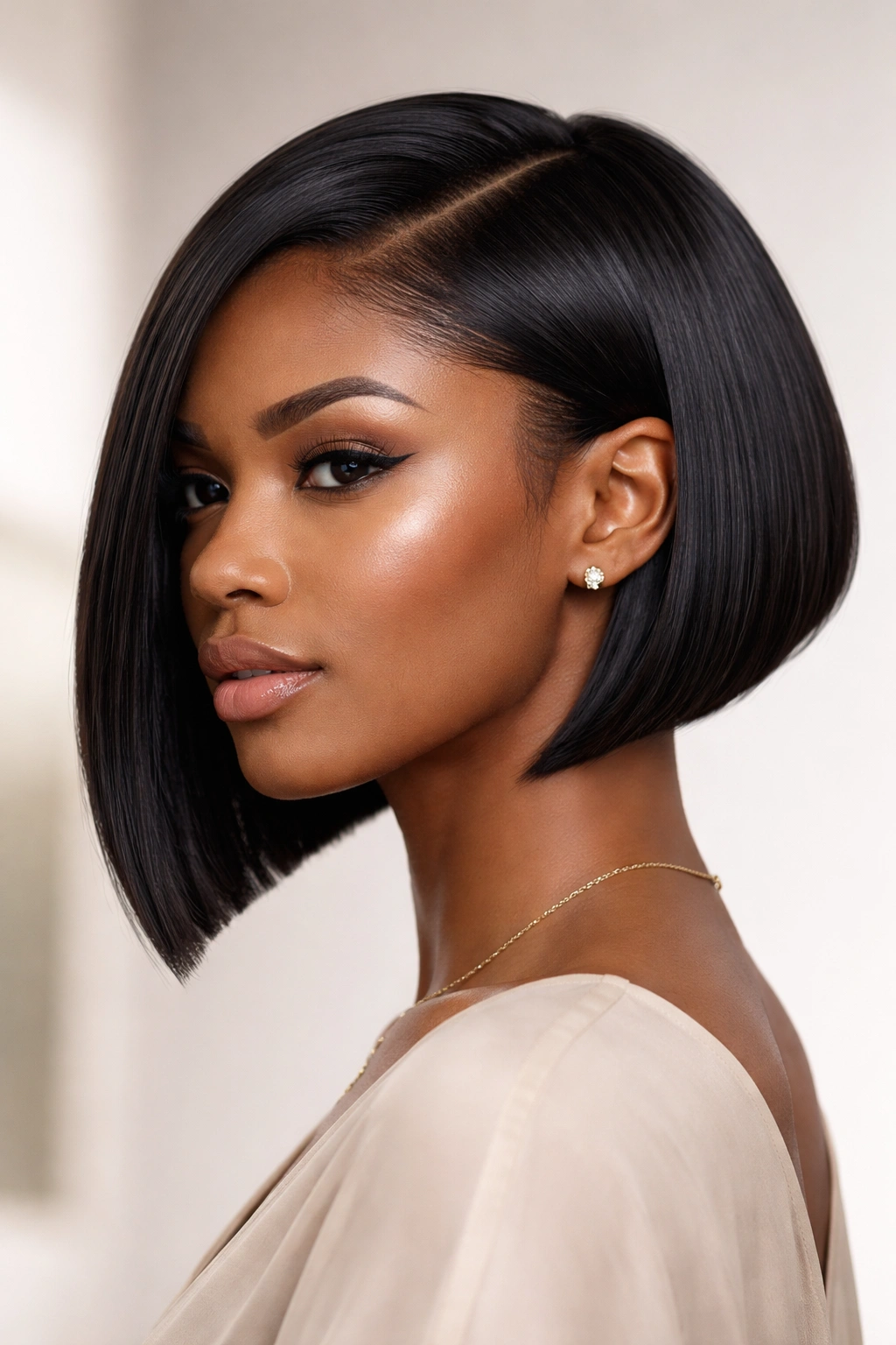 Close up of Sleek Geometric Bob with precision edges and angular lines.