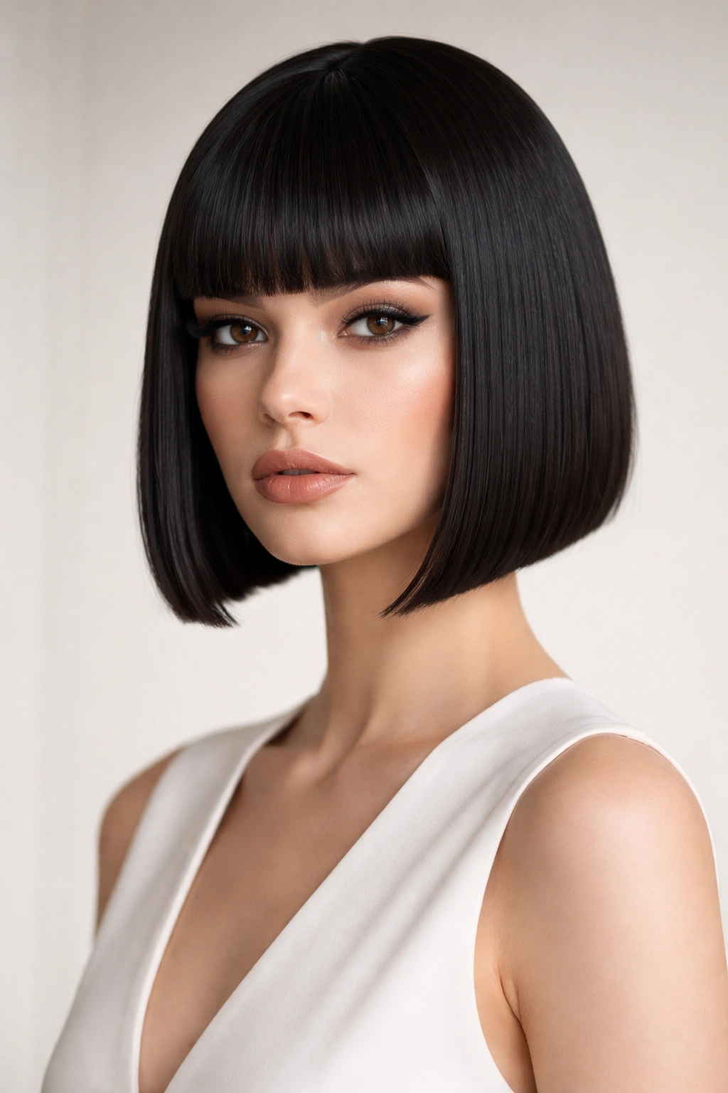 Geometric bob with precise bangs for minimalist style