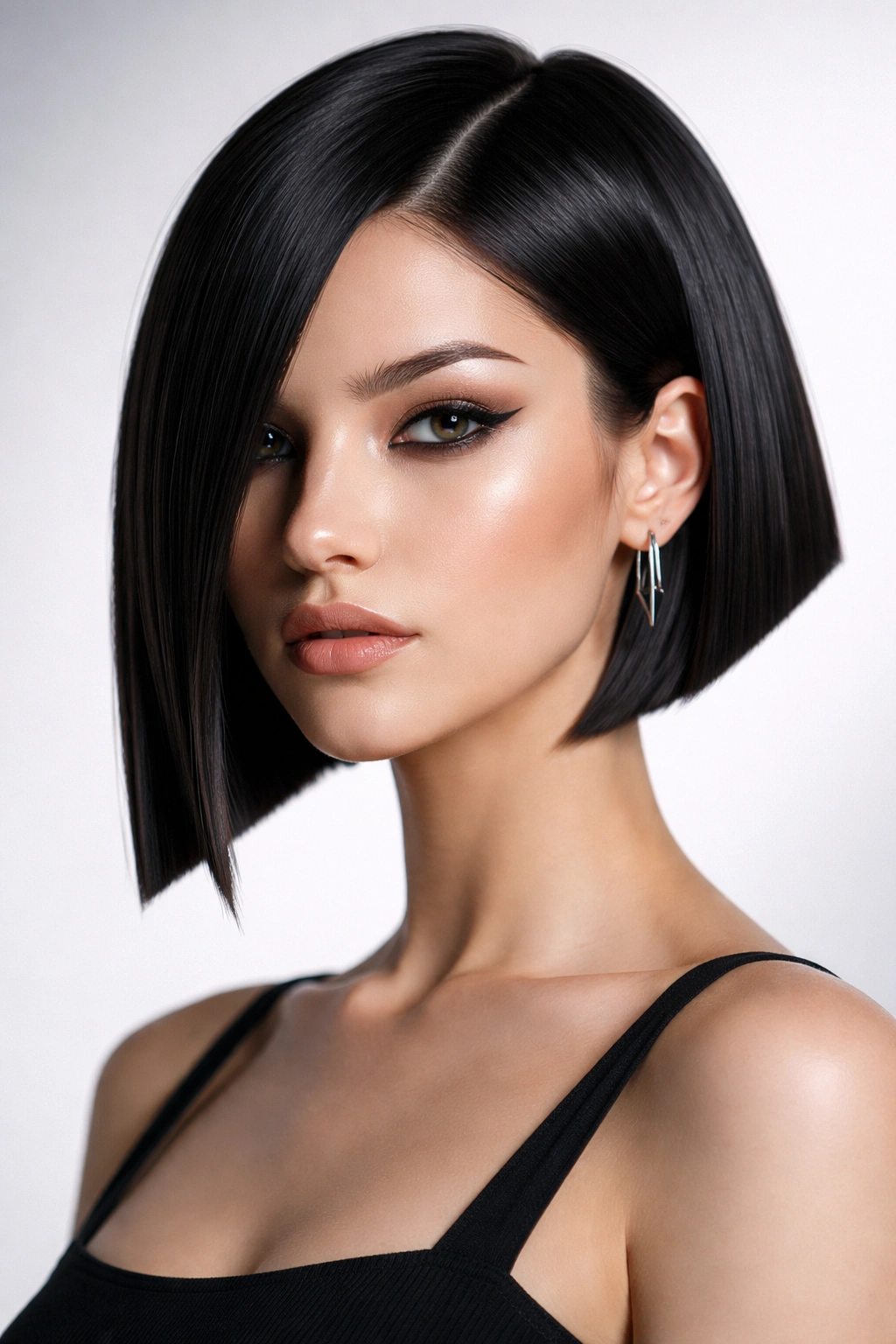 Close-up portrait of a person with a geometric sharp-cornered bob showing sharp angles and defined edges.