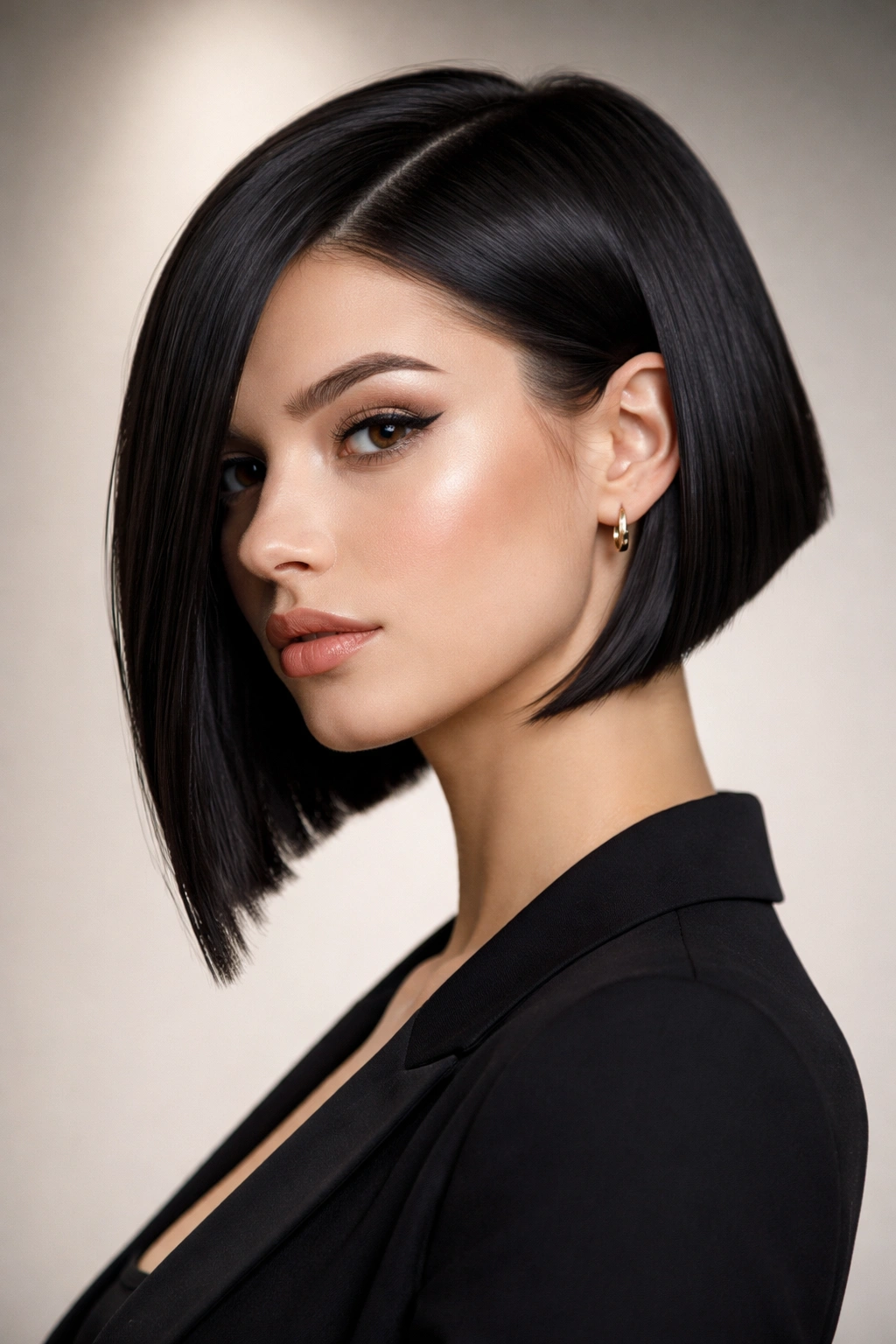 Geometric bob with sharp angles on straight hair