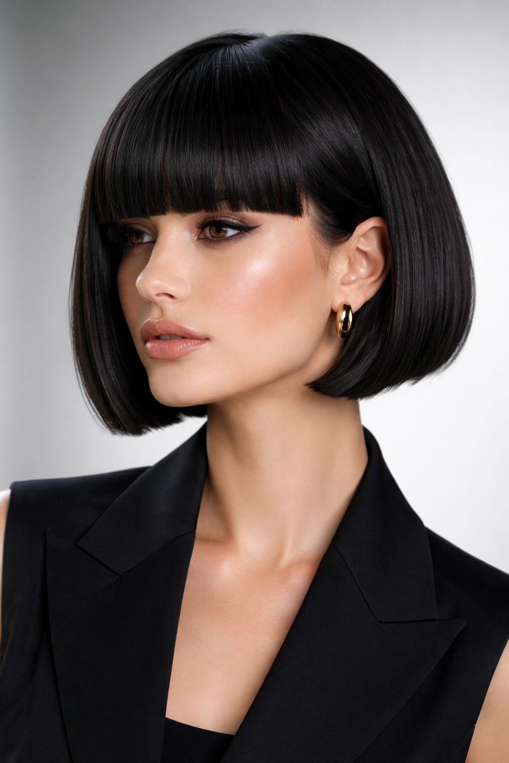 Three-quarter view of a model with a sleek geometric bob and thick blunt bangs