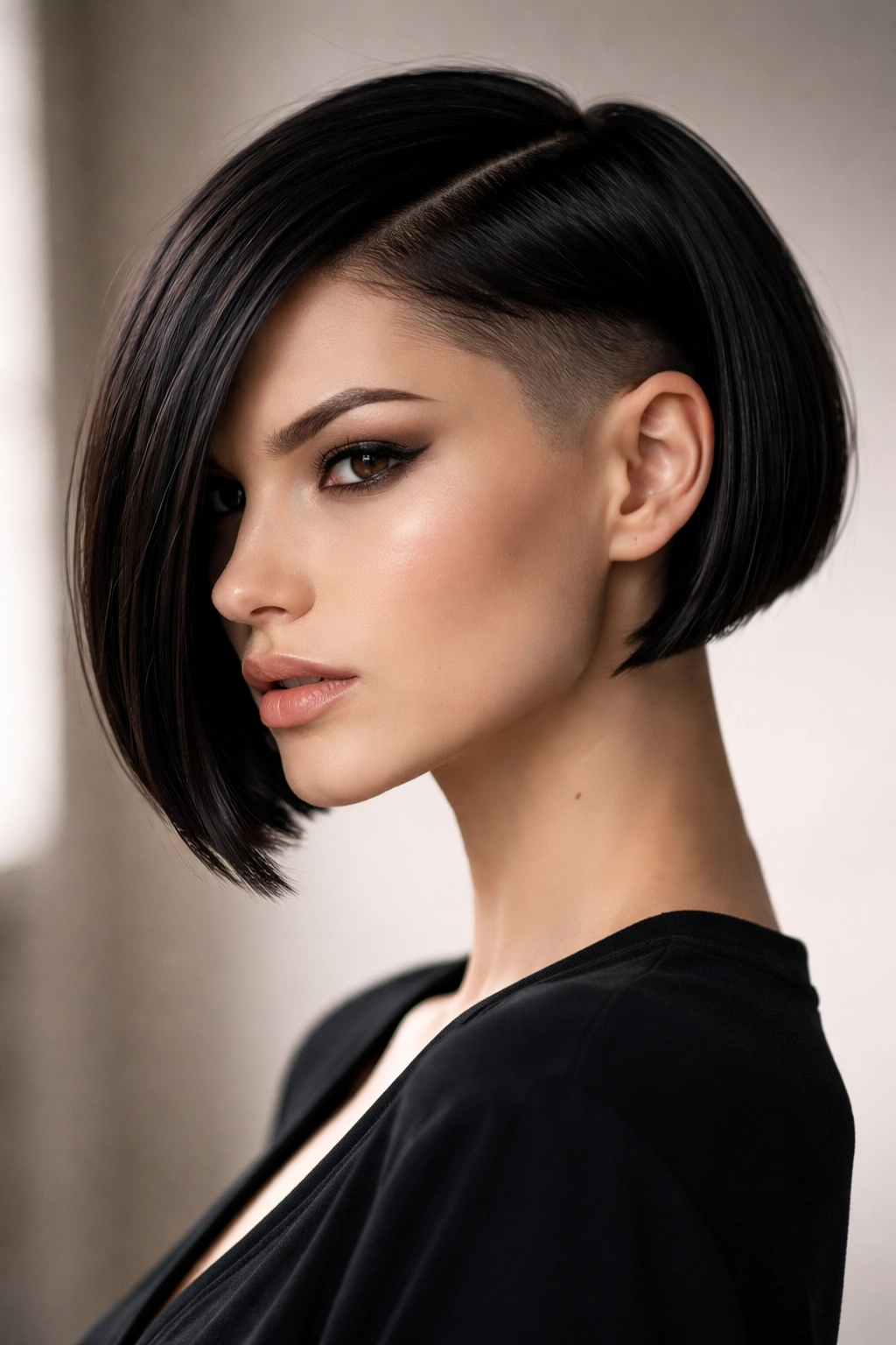 12 Short Haircuts With Shaved Sides For Bold Women 4 Portrait of a woman with a sleek geometric bob and undercut sides highlighting clean lines