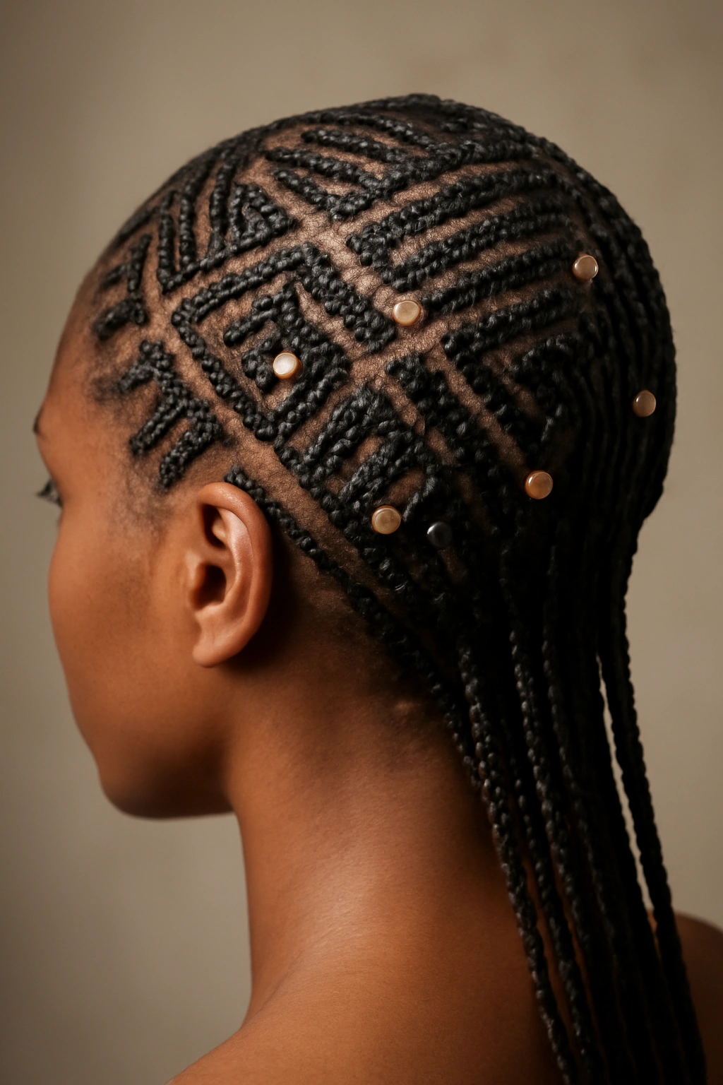 15 Micro Braid Styles for Short, Medium, or Long Hair 2 Geometric pattern of micro braids with bead accents on scalp.