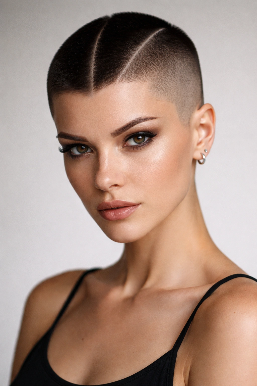 10 One Side Shaved Hairstyles For Bold Women 7 Portrait of a woman with a geometric buzz cut featuring a central longer stripe and shaved sides.