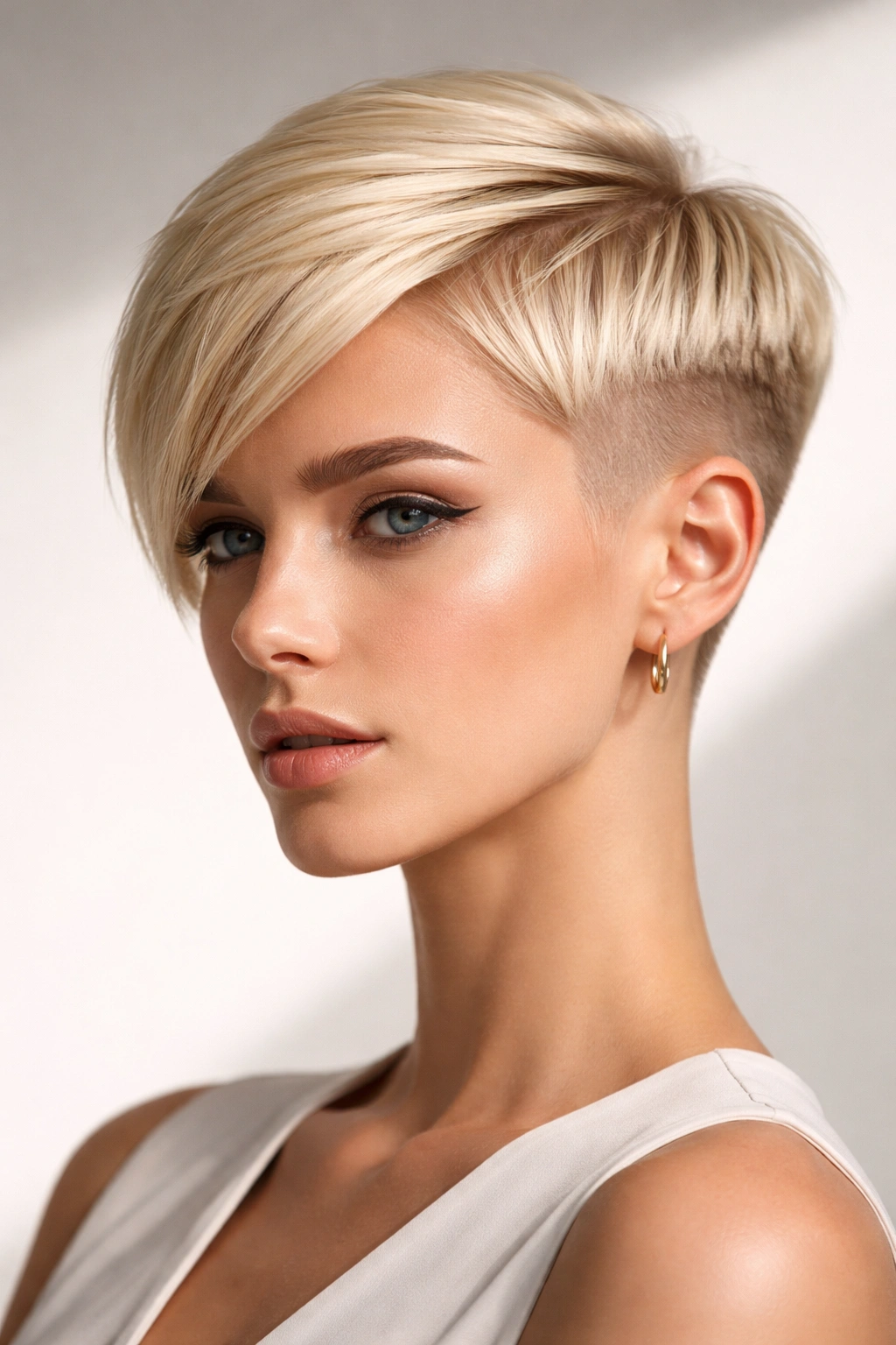 Blonde model with an architectural geometric crop showing crisp angles and sculptural lines.