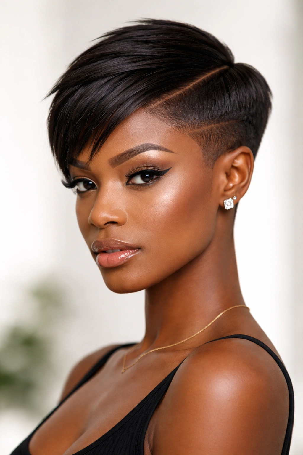 Portrait of a Black woman with a geometric cropped cut featuring sharp lines and defined angles