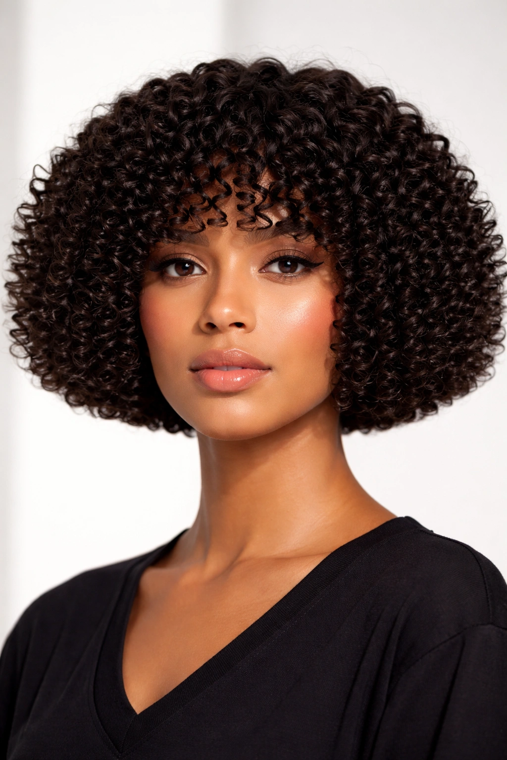 Close-up geometric curly bob with blunt edges.