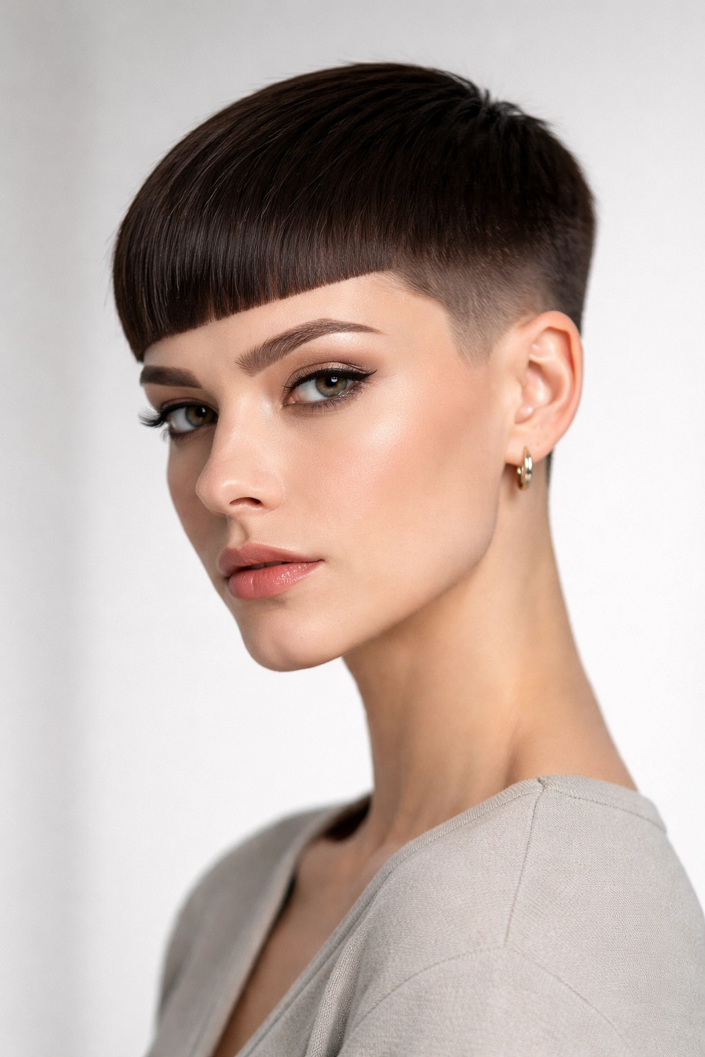Close up of a clean-line geometric cut with sharp angles in straight hair