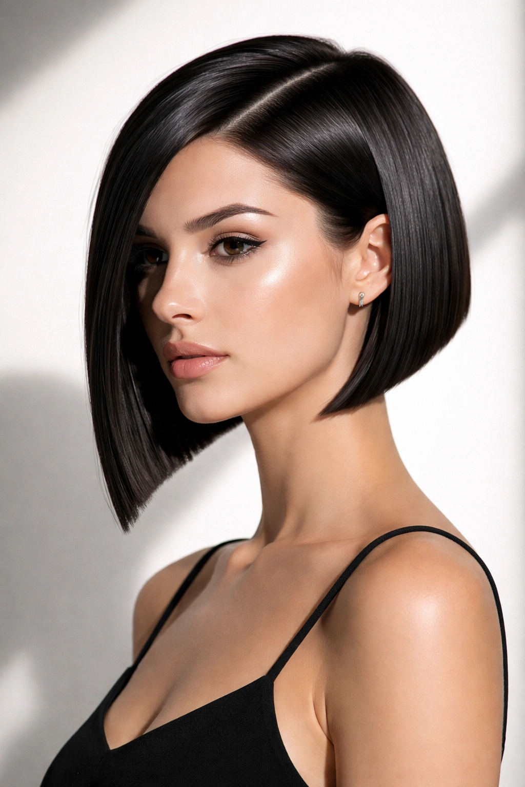 Portrait of a person with a geometric cut featuring sharp angles and straight hair
