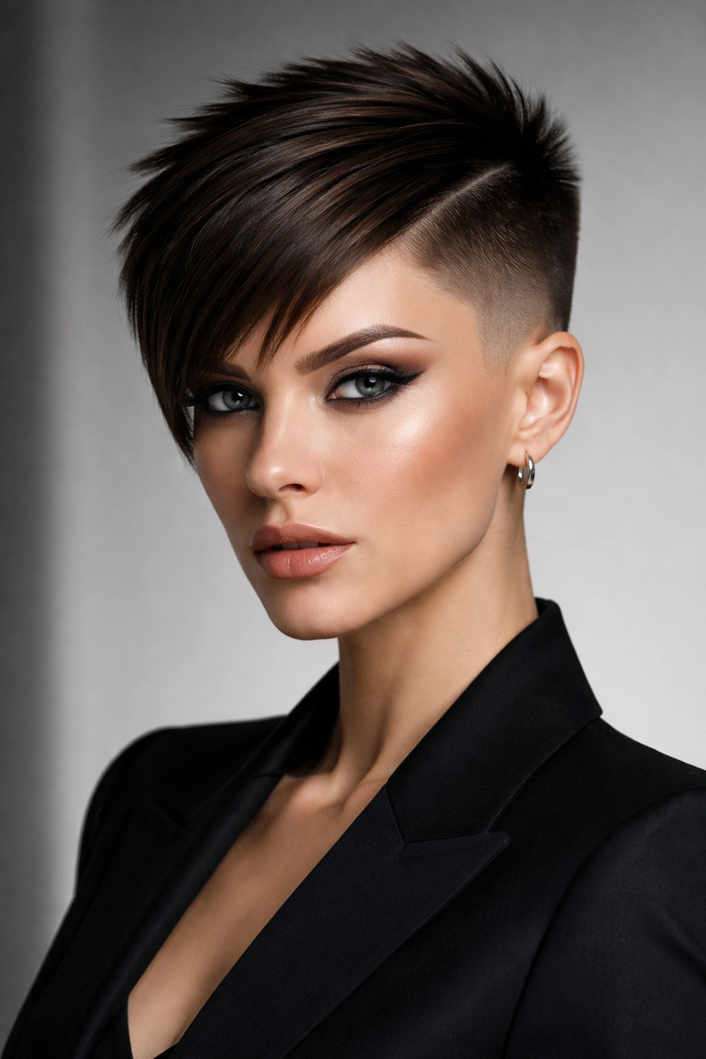 Head-on view of a geometric cut with sharp lines and shaved sides