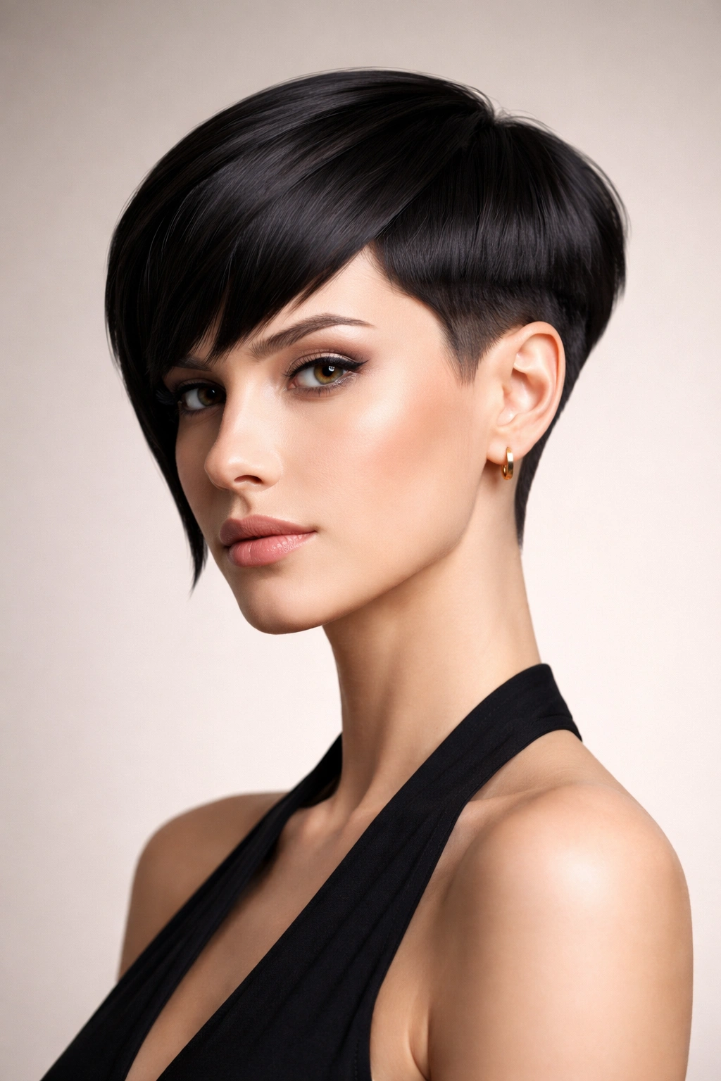 Portrait of a person with a geometric cut featuring sharp lines and precise angles
