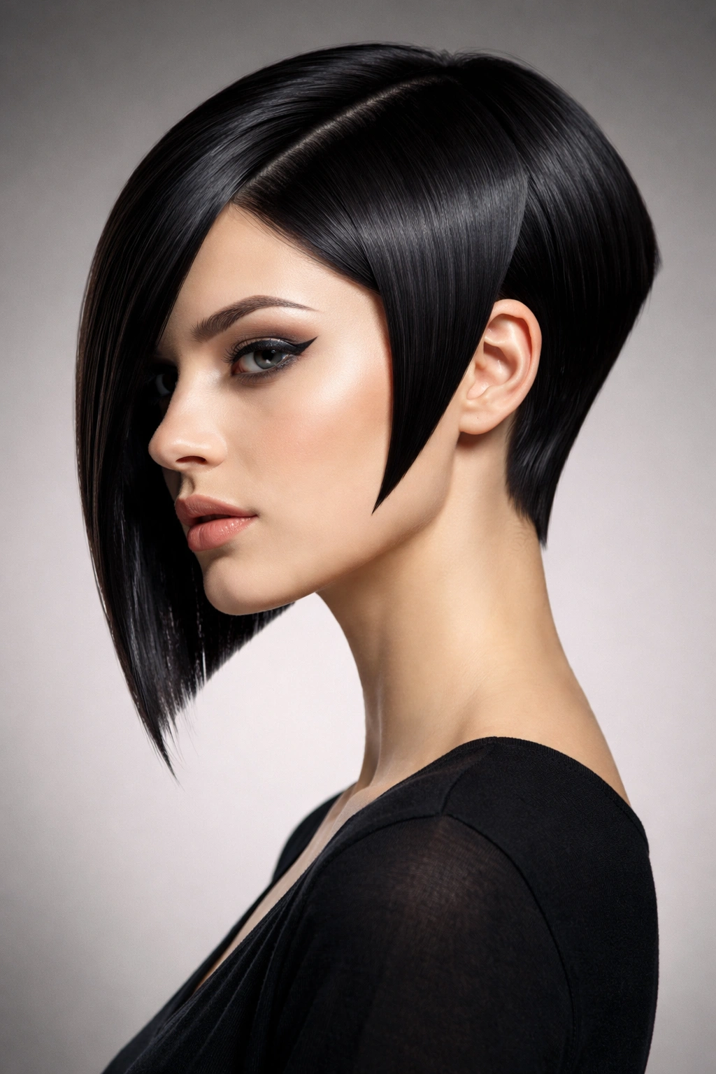 Geometric haircut with sharp angles on straight hair