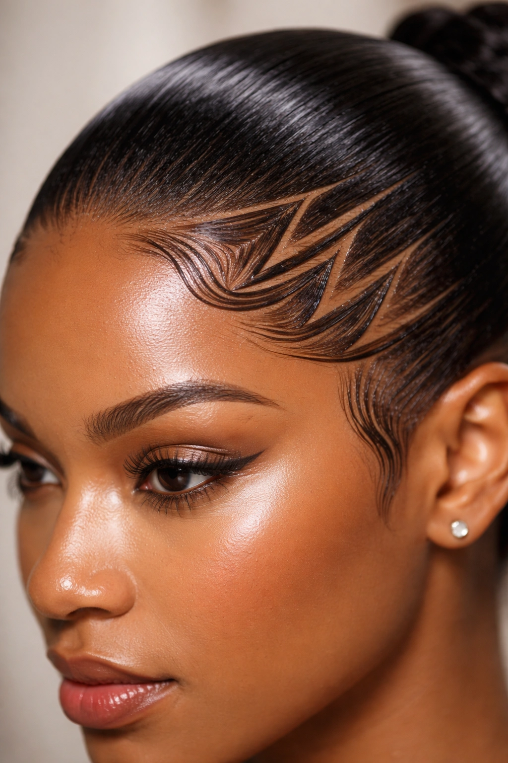 Close-up of geometric edge art with gelled hairline patterns