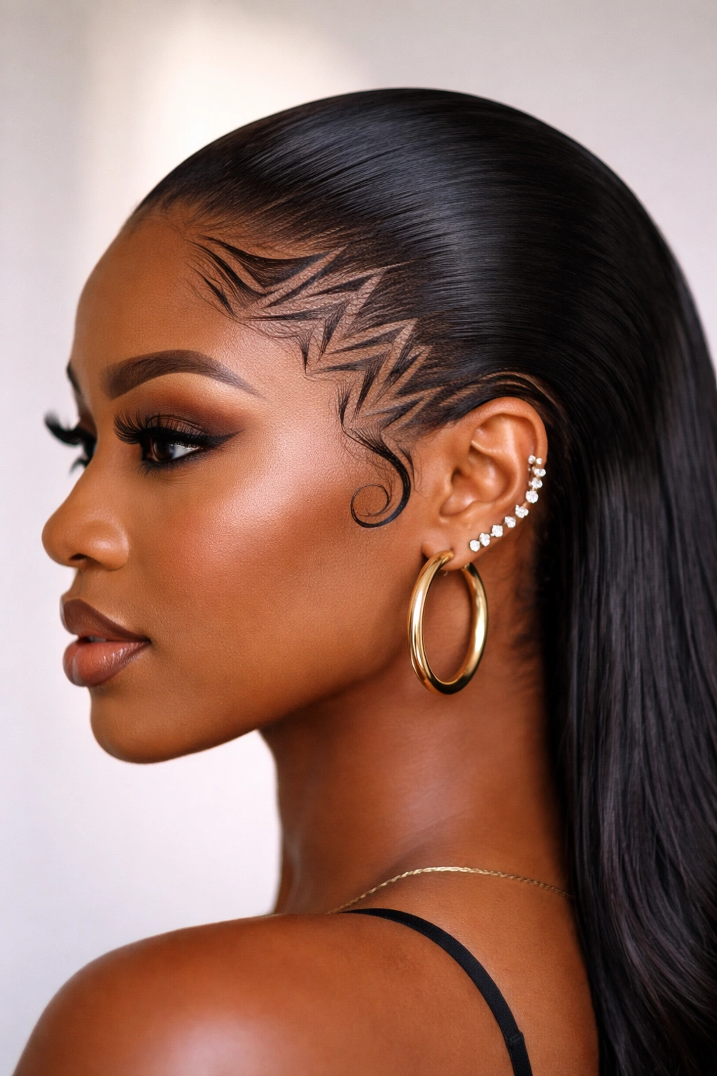 20 Gorgeous Pushback Hairstyles Every Black Woman Should Try 6 Portrait of a sleek pushback showcasing geometric edge design
