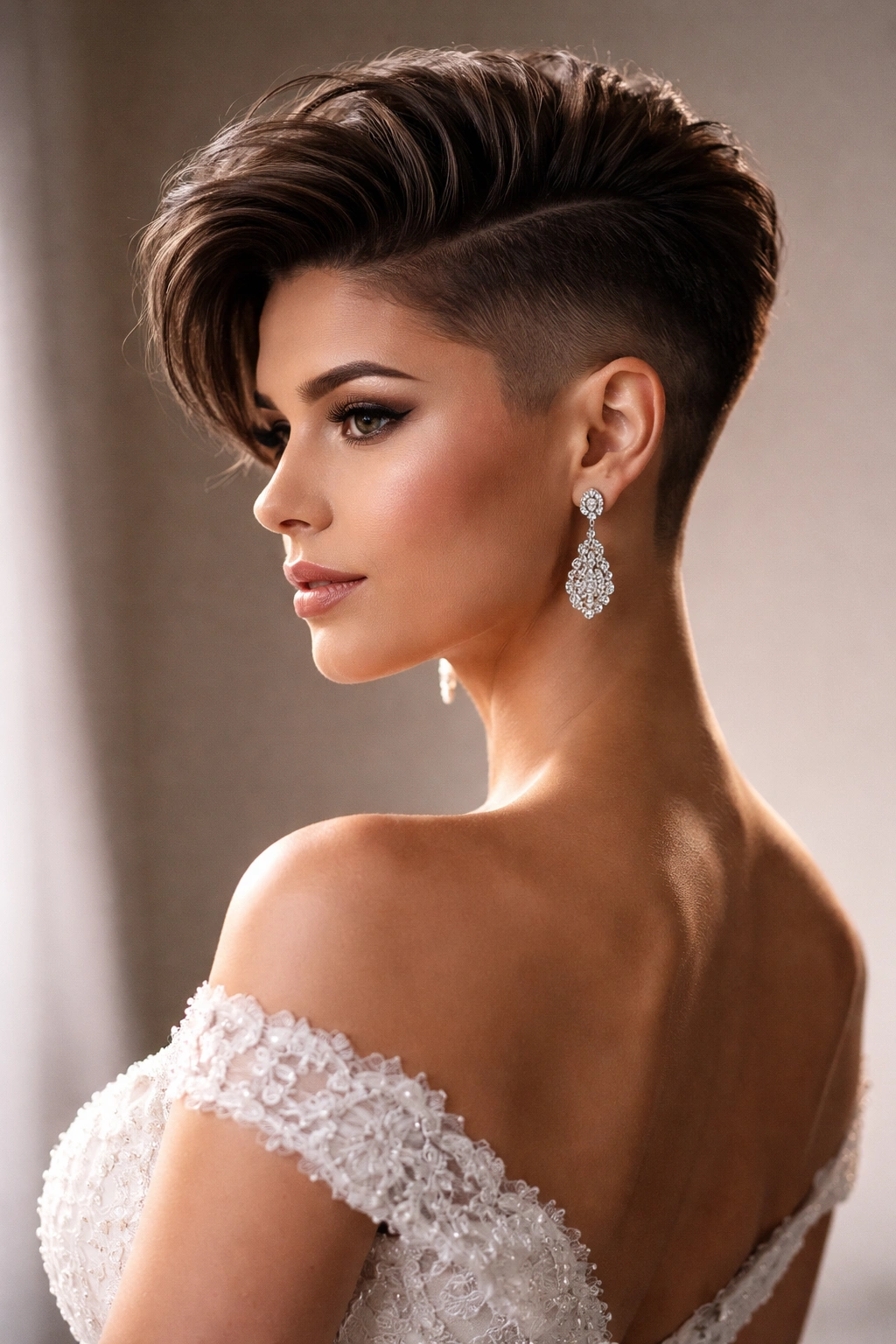 Bride with geometric fade showing architectural lines and texture