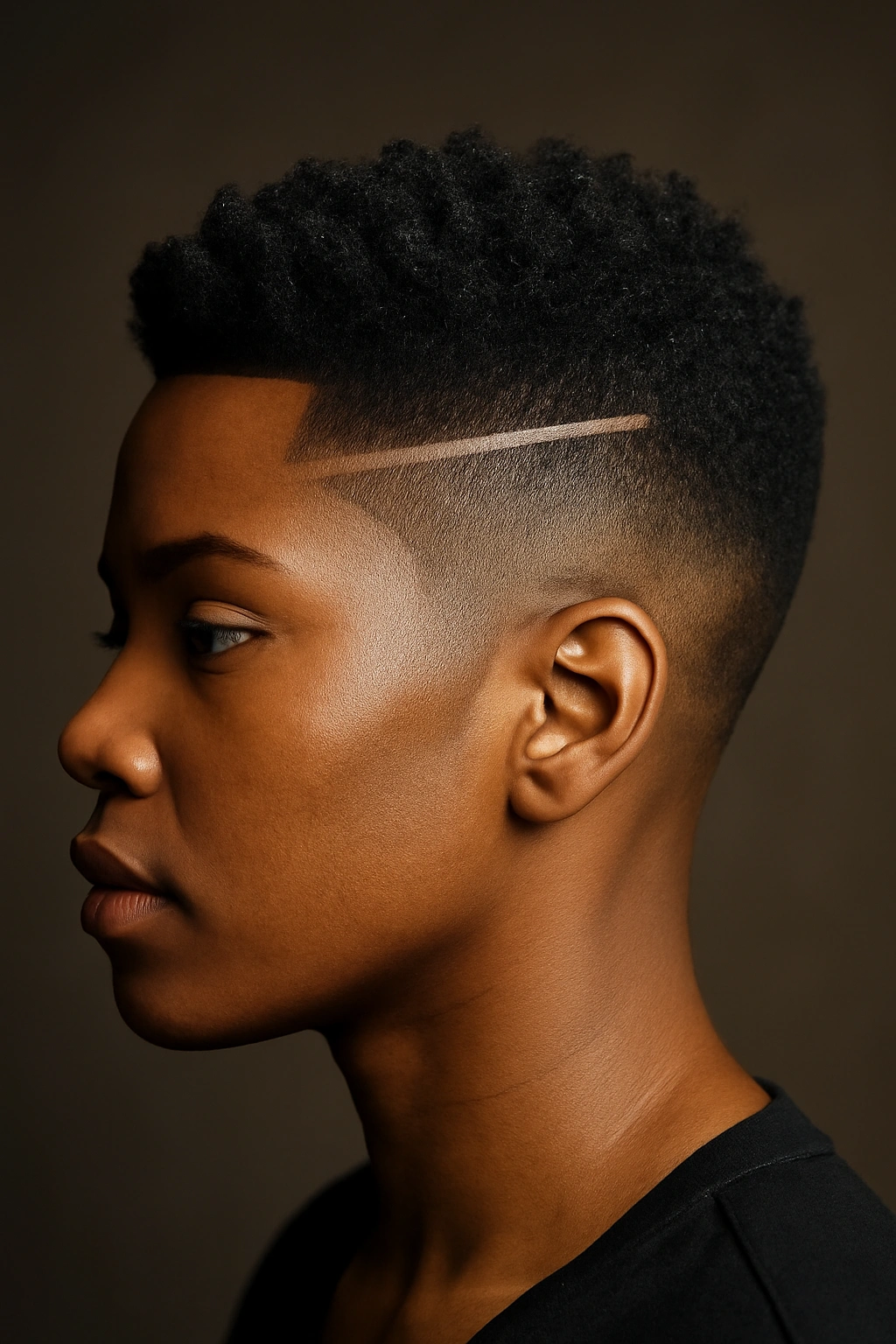 30 Short Haircuts for Black Women 27 Profile of a Black woman with a geometric fade and longer crown.