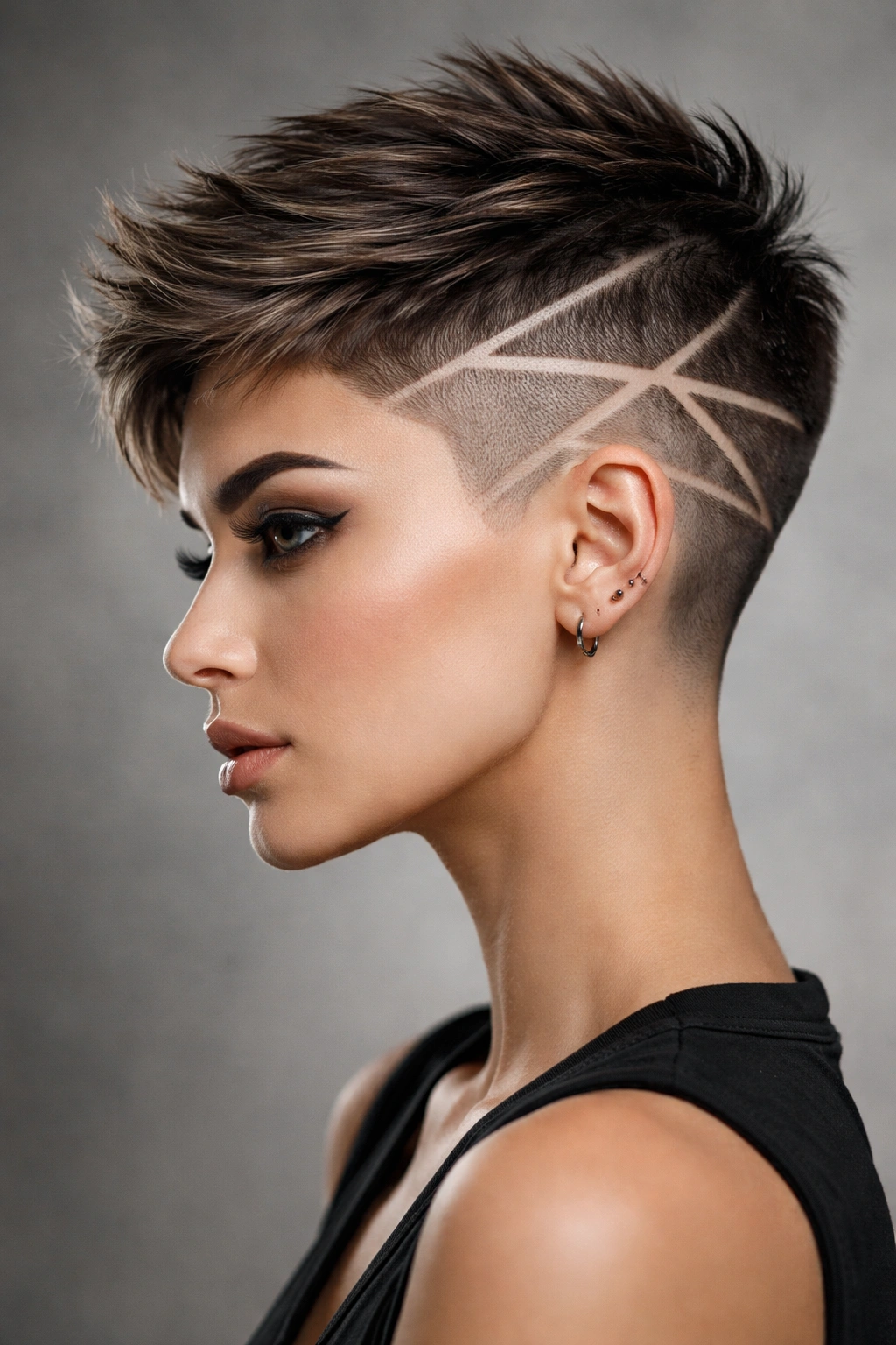 10 Shaved Pixie Styles That Look Incredibly Sharp 4 Pixie cut with geometric fade angles in studio lighting