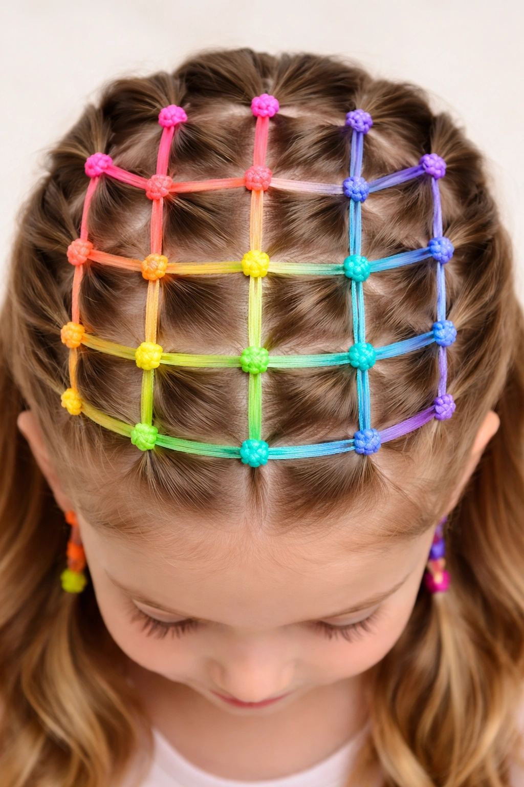 Close-up on scalp showing geometric grid pattern with colored elastics