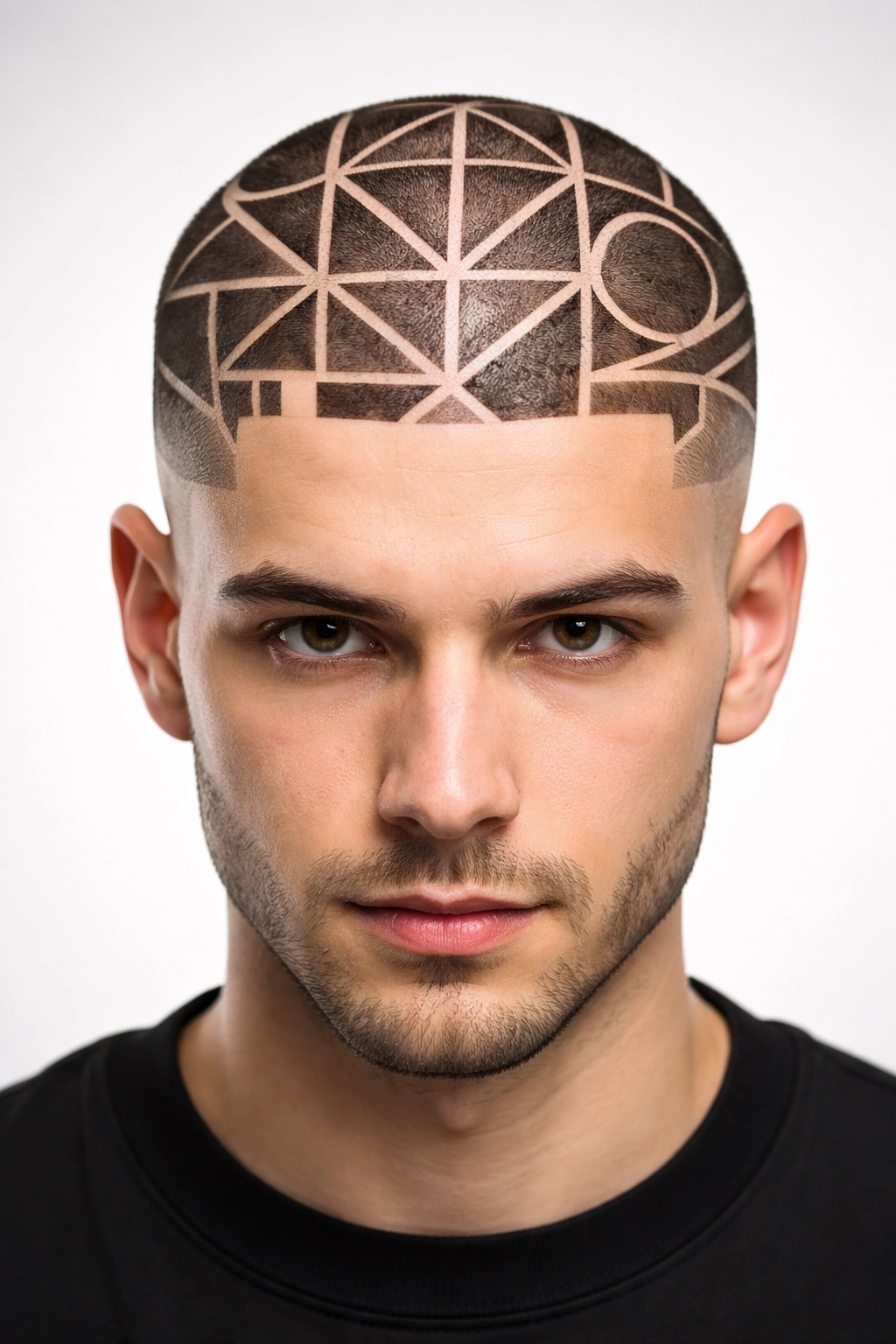 Head shaved into crisp geometric patterns with sharp lines in a clean studio.