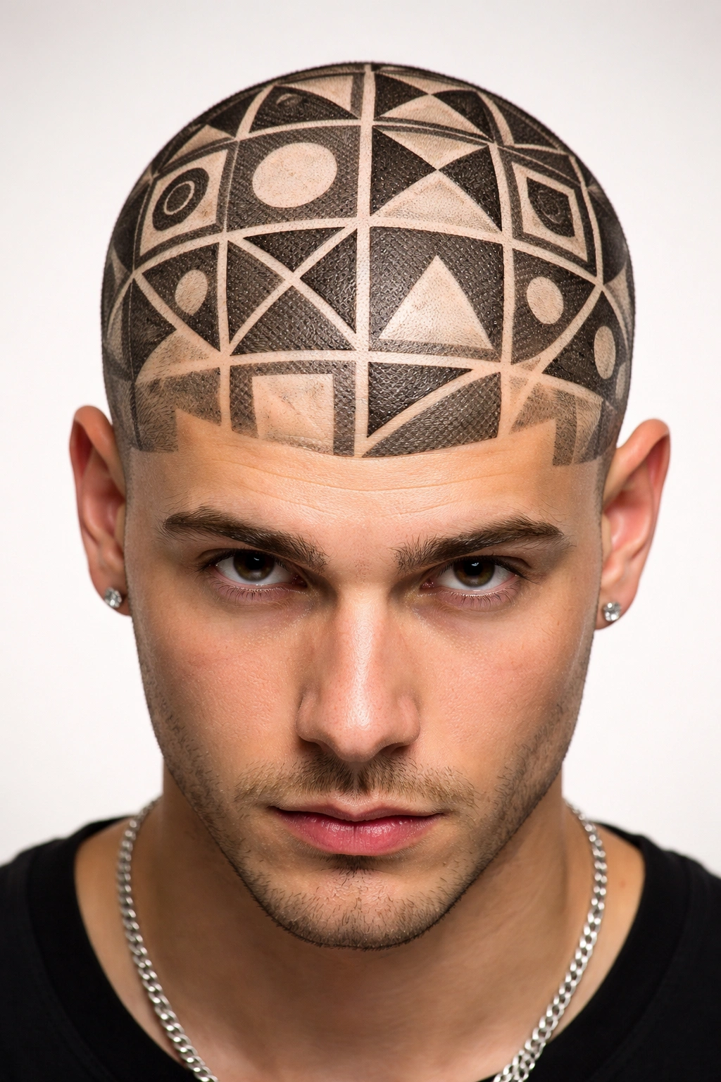 Head with crisp geometric patterns shaved into the scalp