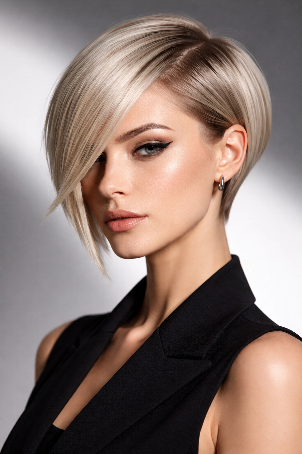 Head-and-shoulders display of a geometric haircut with sharp angles