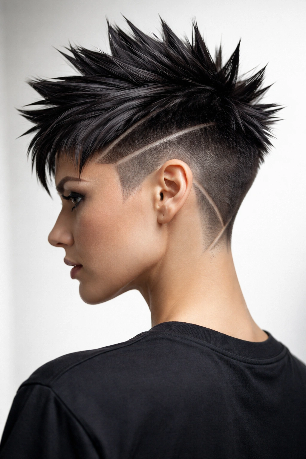 Geometric sharp-edged haircut with angular spikes and shaved lines