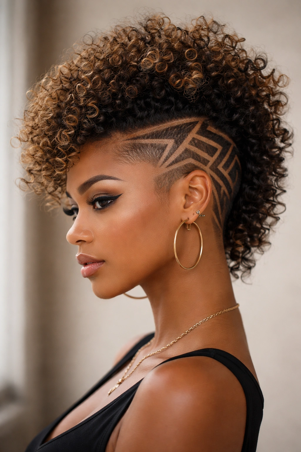 8 Curly Mohawk Styles That Stand Out On Women 7 Close-up portrait of a woman with a geometric curly Mohawk featuring shaved patterns framing a crown of curls