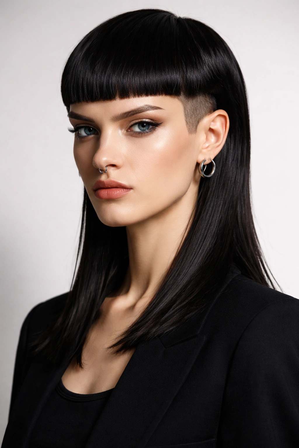 Portrait of a geometric mullet with blunt lines and a long back in a studio