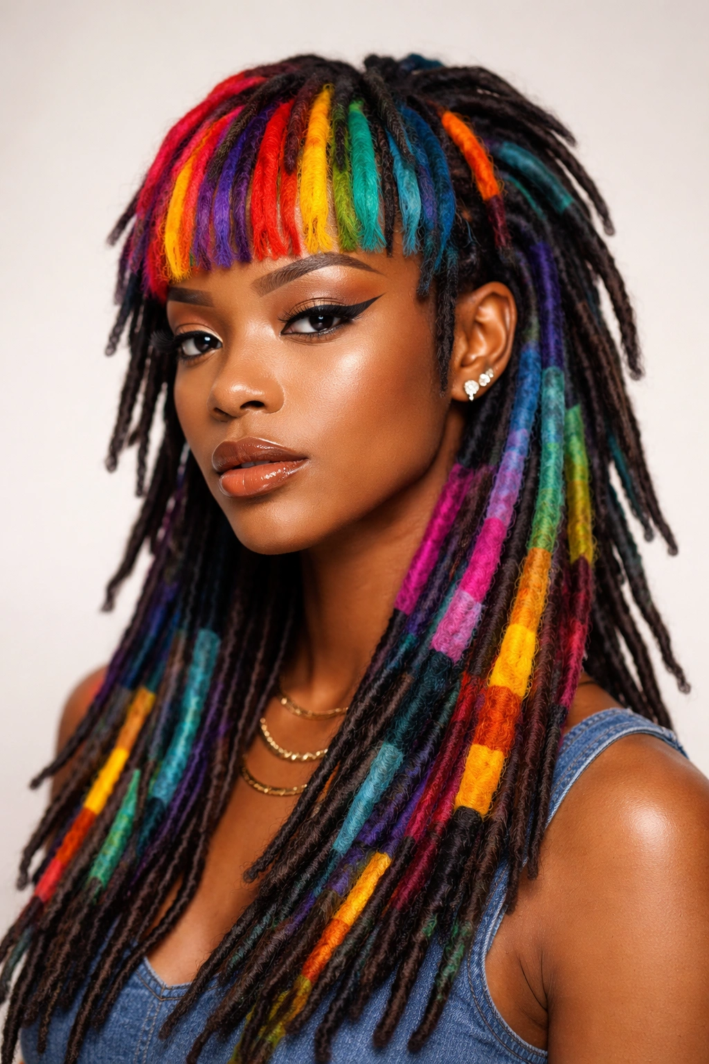 Close-up of mullet locs with geometric color patterns in studio portrait