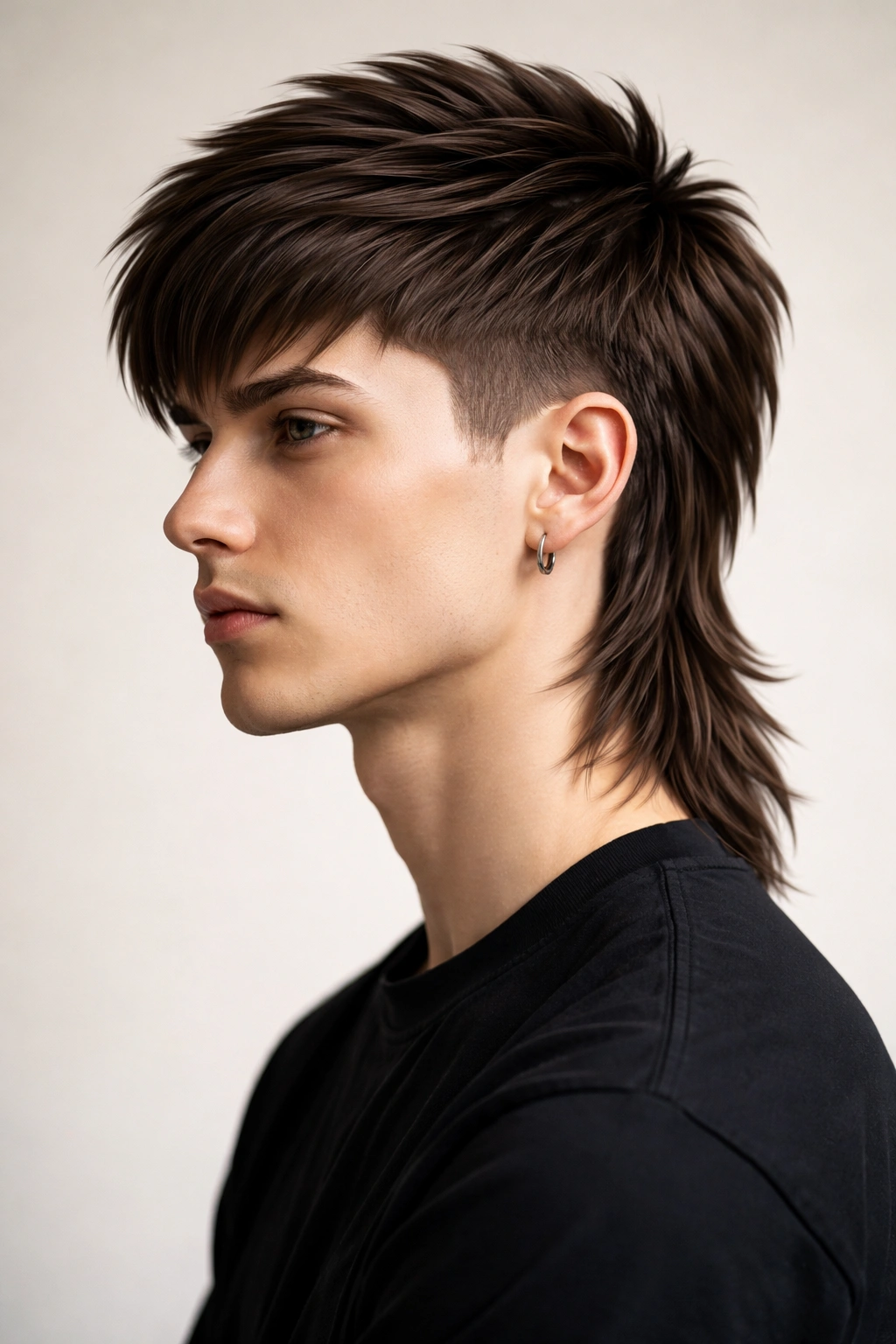 Portrait of geometric sharp mullet with clean angular layers