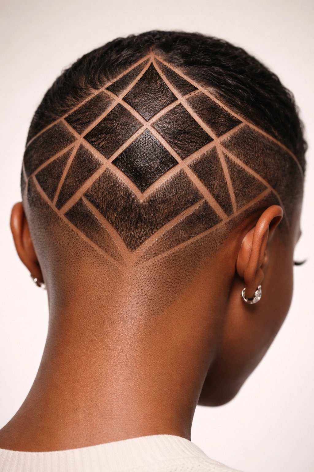 Close-up of a Black woman's scalp showing geometric triangle and diamond line patterns