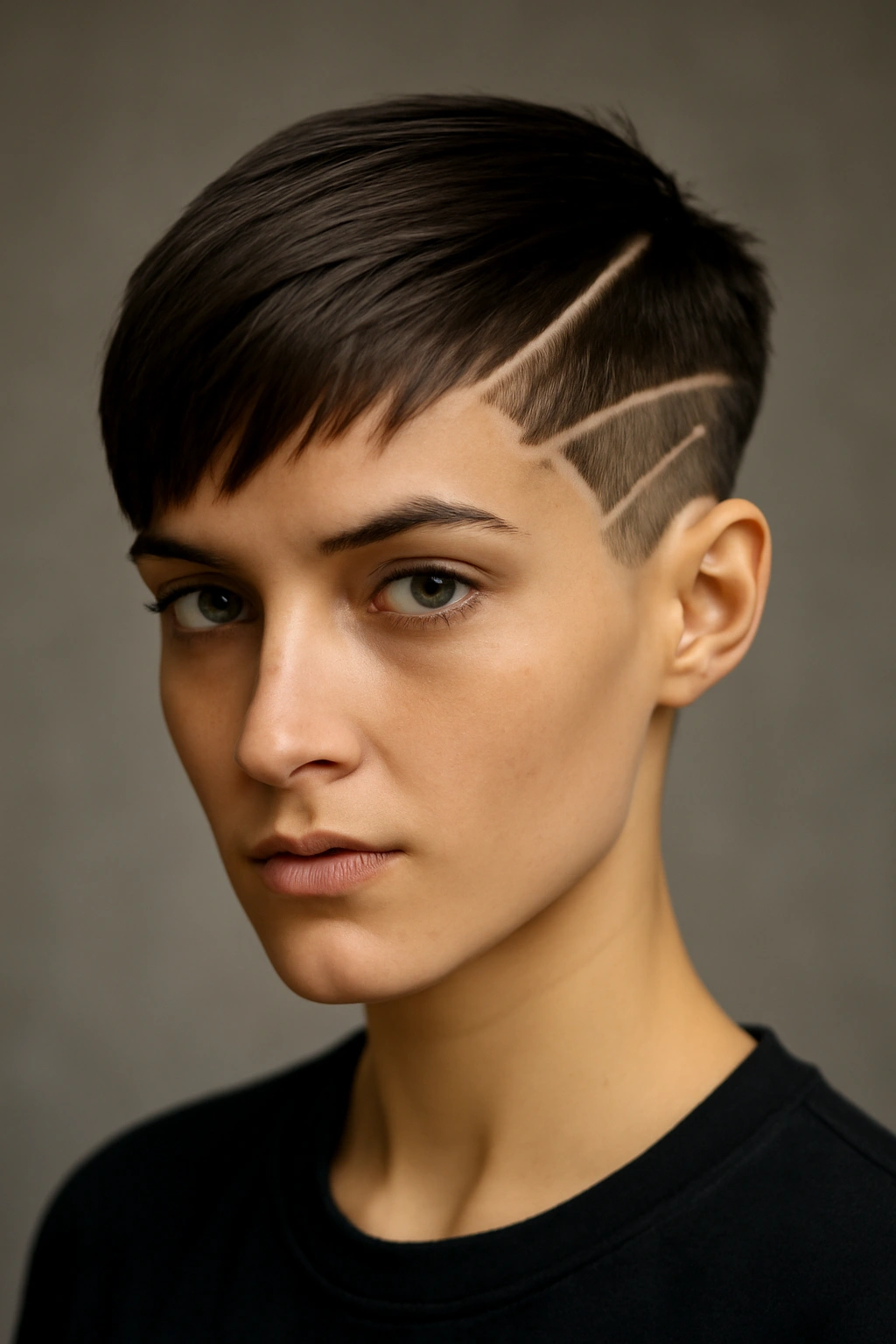 20 Pixie Styles Ranging From Classic To Edgy 18 Portrait of a person with a geometric pixie featuring sharp angles and lines