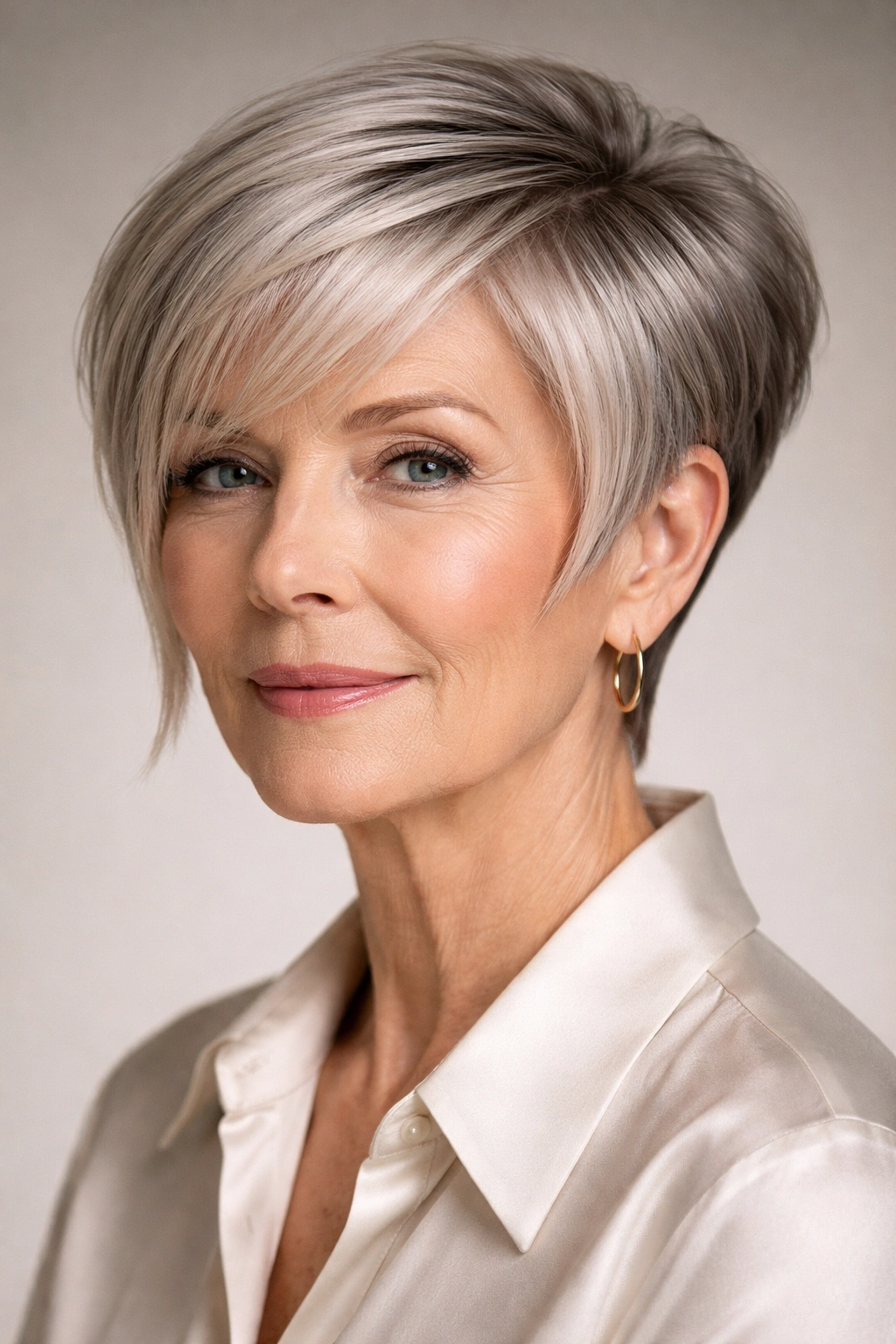 15 Hairstyles For Women Over 70 With Fine Hair 6 Portrait of a woman with a geometric pixie-bob hybrid cut.