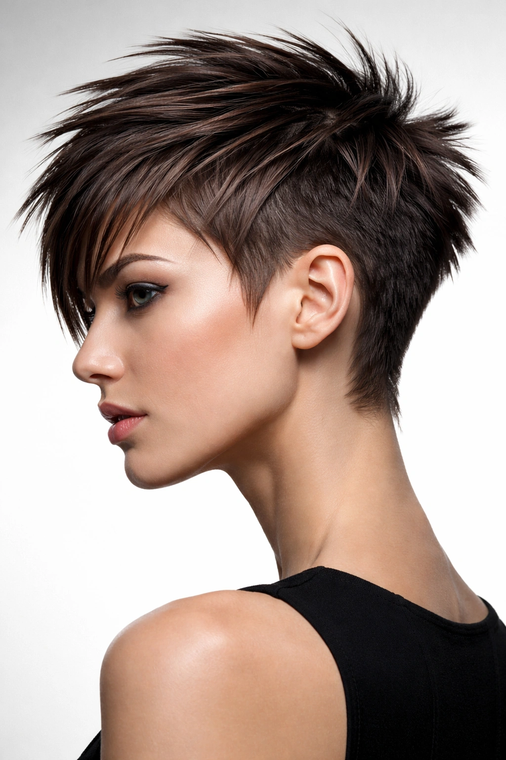 Profile shot of a sharp geometric choppy pixie with angular, defined layers.