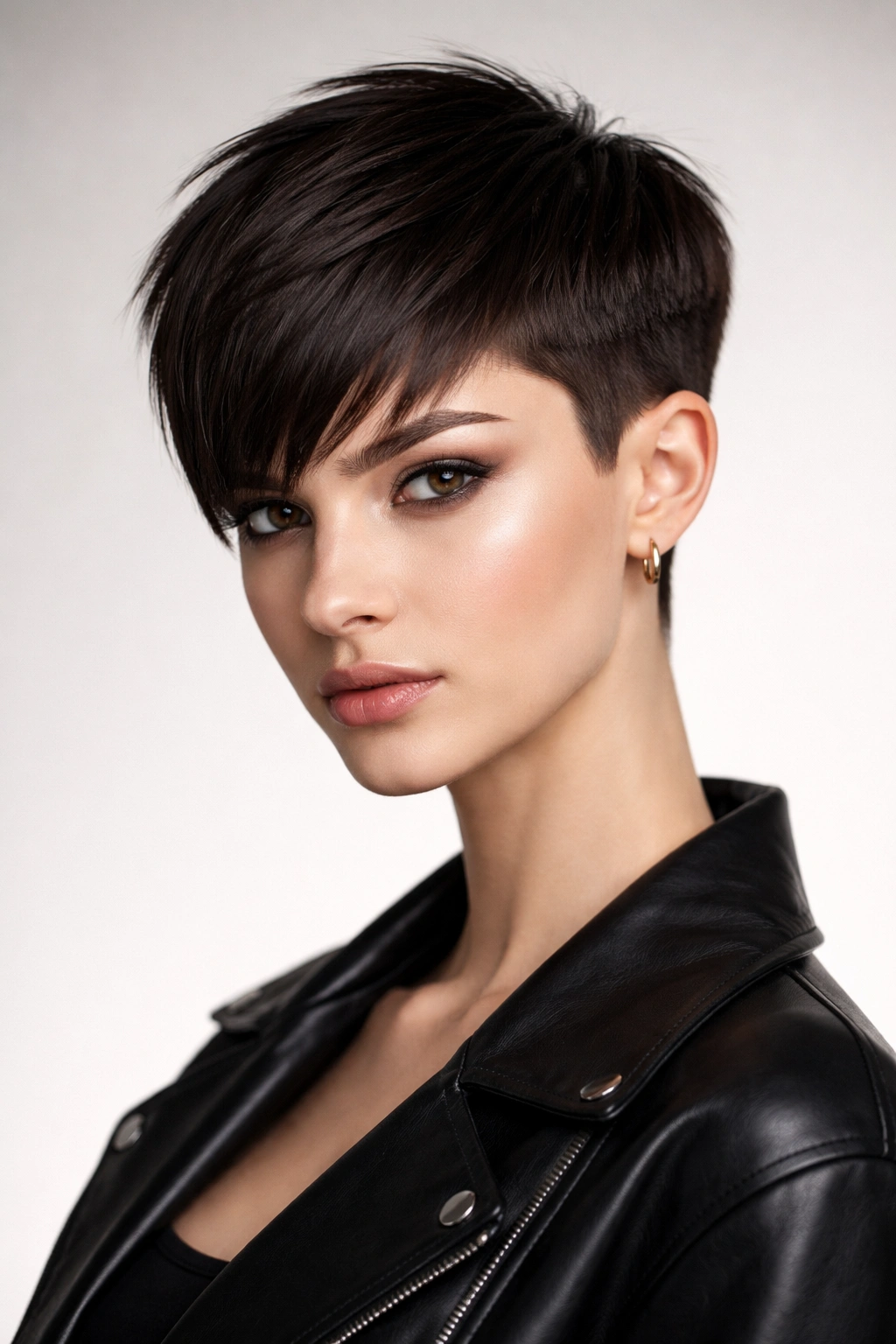 Portrait of a person with a sharp geometric pixie and precise lines.