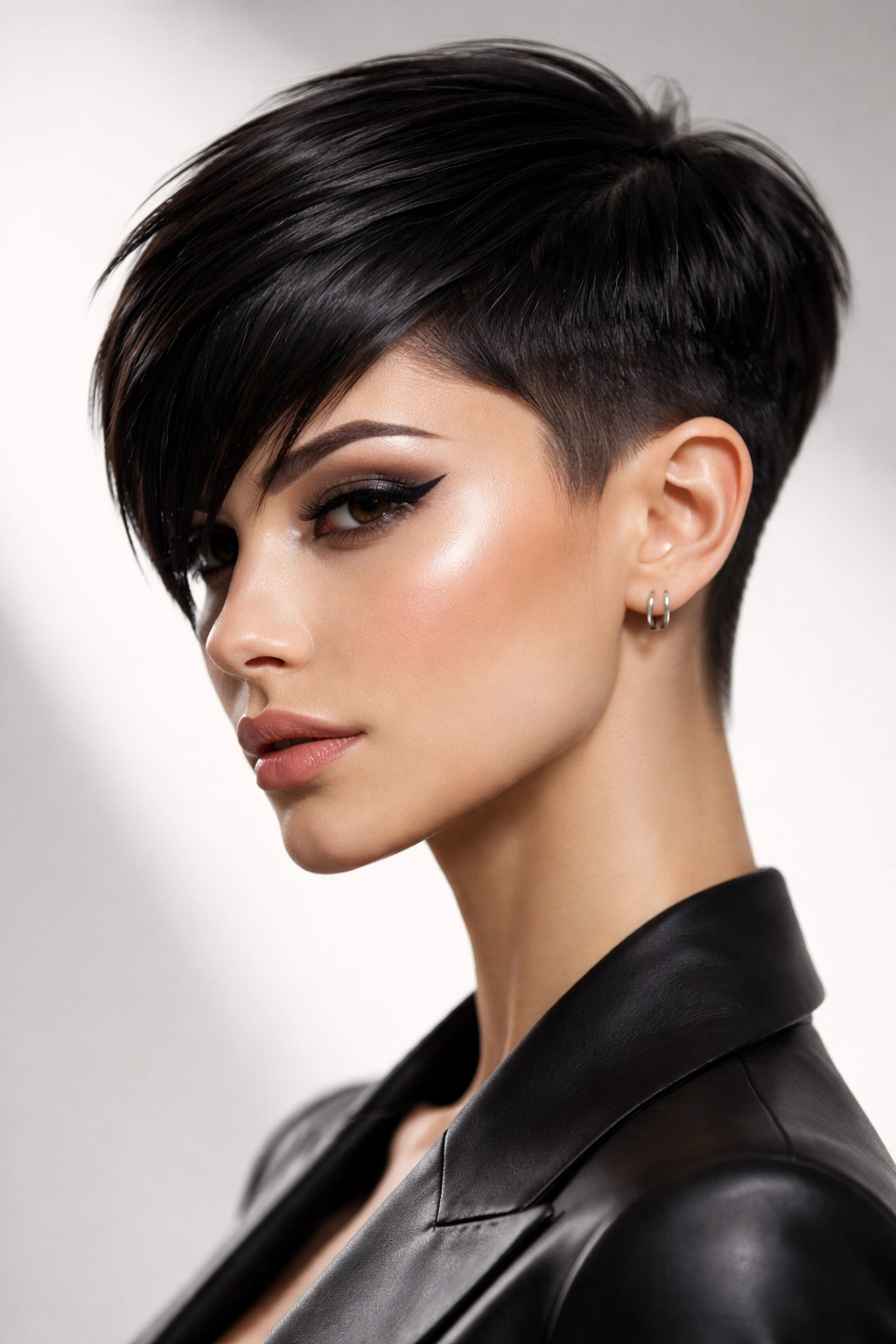 10 Edgy Pixie Haircuts For The Confident Woman 8 Close-up portrait of a person with a sleek geometric pixie featuring sharp angles and crisp lines, studio lighting