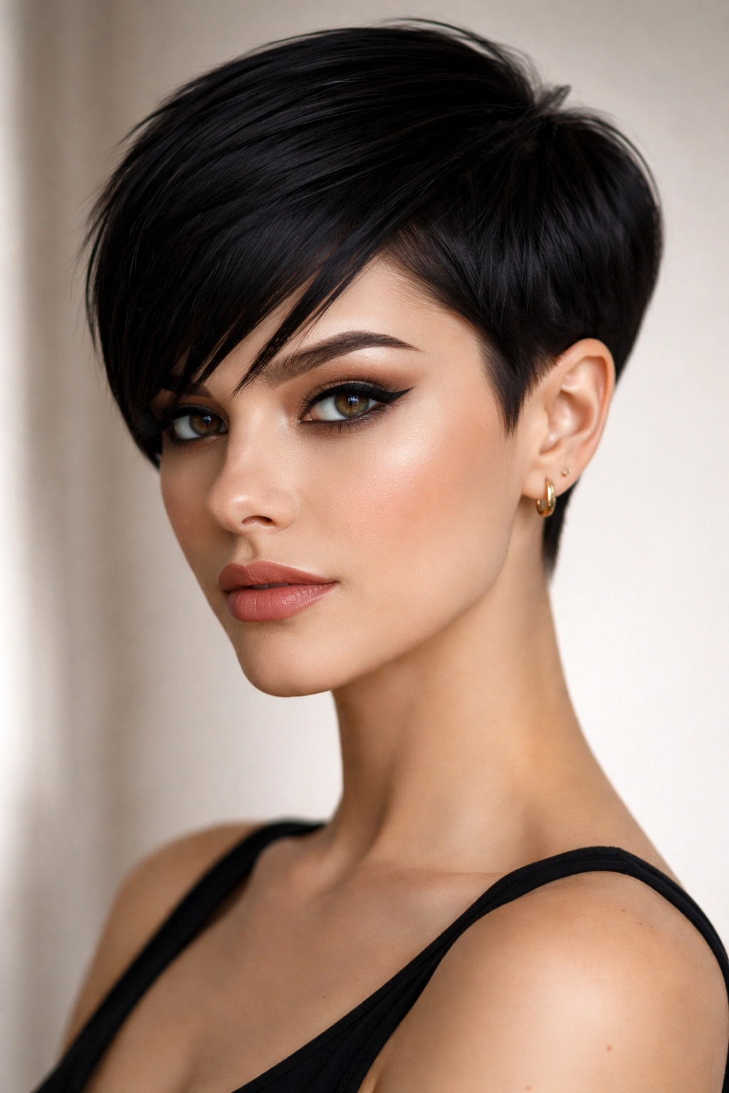 10 Edgy Pixie Cuts For Women Who Want Bold Hair 2 Model with sleek geometric pixie featuring sharp lines and minimal texture.
