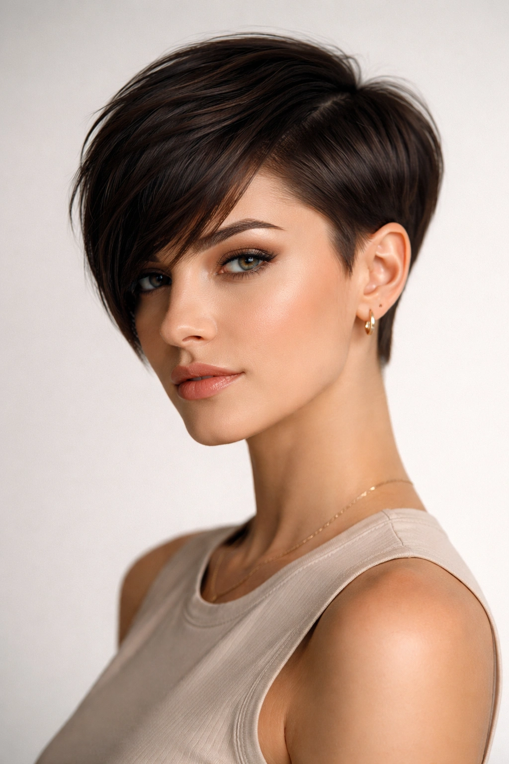 20 Short Pixie Haircuts That Practically Style 13 Close-up portrait of a person with a geometric pixie cut featuring sharp angles