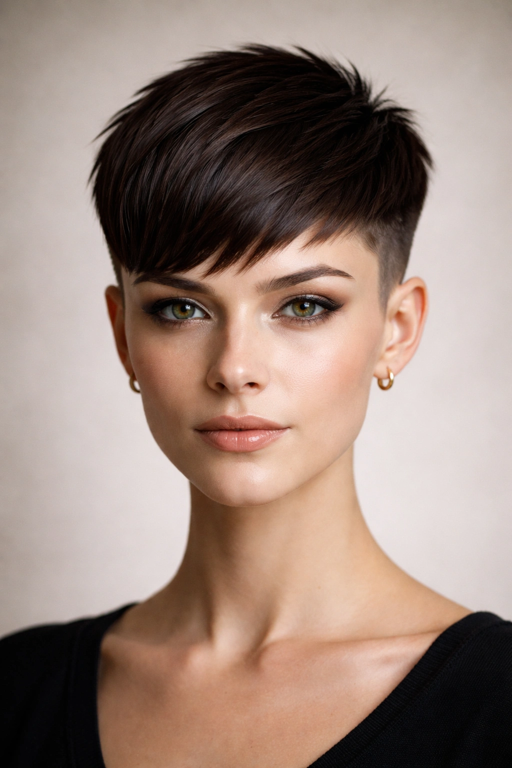 20 Really Short Haircuts Anyone Can Pull Off 17 Close-up of a geometric pixie haircut with sharp angles and clean lines.
