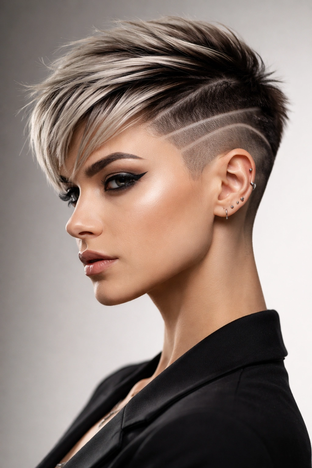 Portrait of a geometric shaved pixie highlighting sharp lines and patterns.