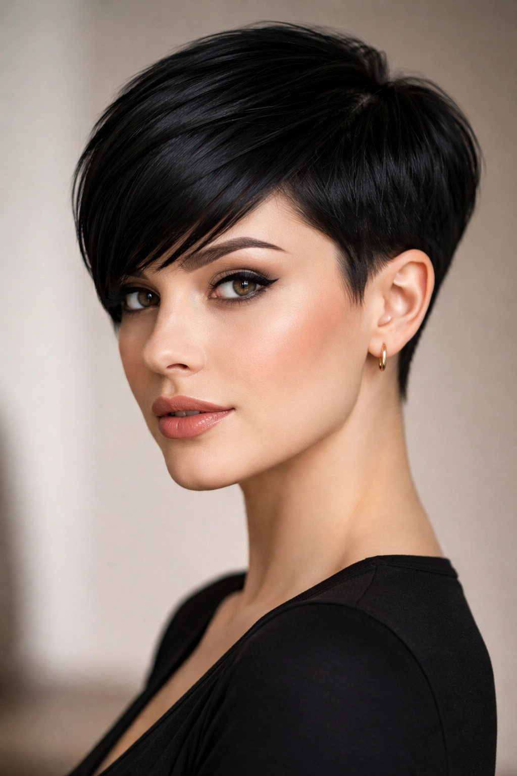 15 Slimming Short Hairstyles For Round Faces 5 Close-up portrait of a person with a sleek geometric pixie and clean lines