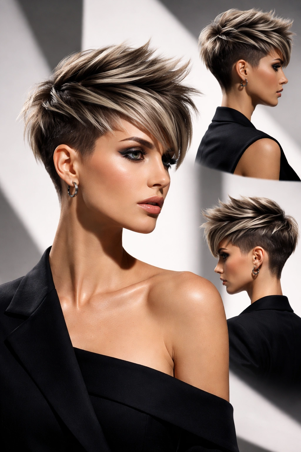 Geometric sculptural pixie with sharp lines and height