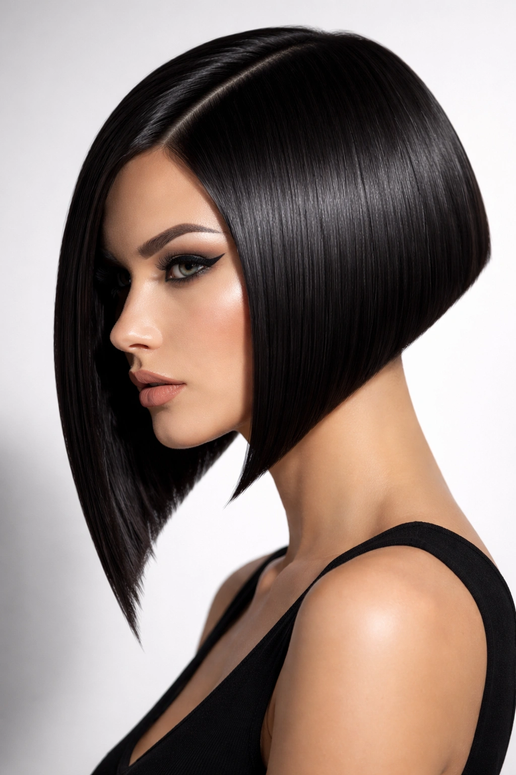 Frontal/3/4 view of a geometric sharp angle bob with crisp lines.