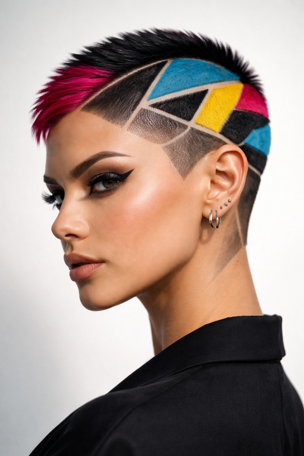 Portrait of a geometric shaved haircut with sharp shapes and color blocks on the scalp