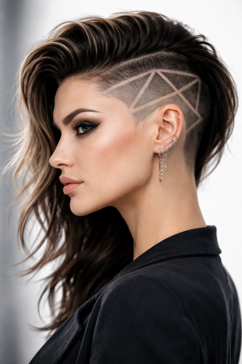 Close-up of a model showing a geometric shaved pattern on the side with the top swept back.